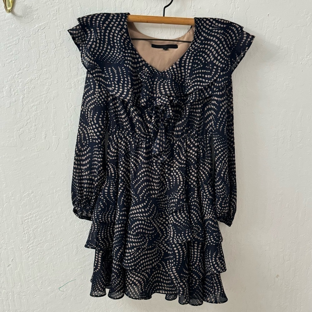 Eryn Brinie Ruffle V Neck Tiered Dress Long Sleeve Navy Blue Tan XS